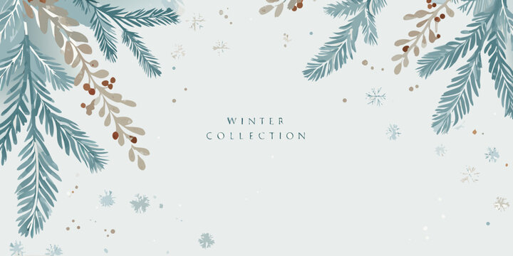 Watercolor pine fir branches and berries create a delicate floral ornament in teal and gray