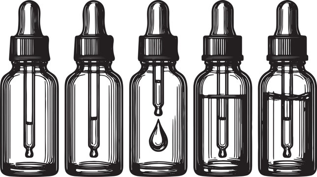 Illustration of five empty glass dropper bottles with varying liquid levels