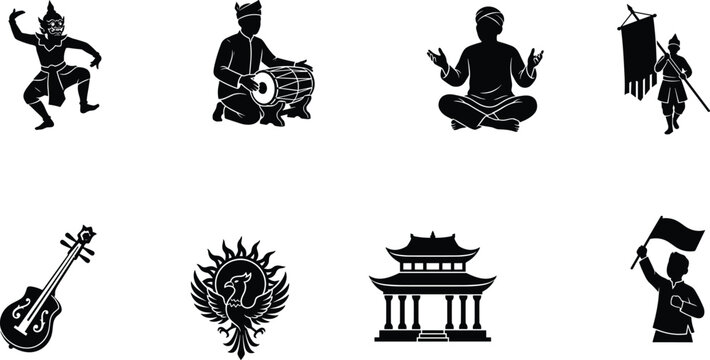 Thai Cultural Silhouette Vector Collection Featuring Traditional Dancer Musician Temple Flag and Heritage Symbols for Festival Designs