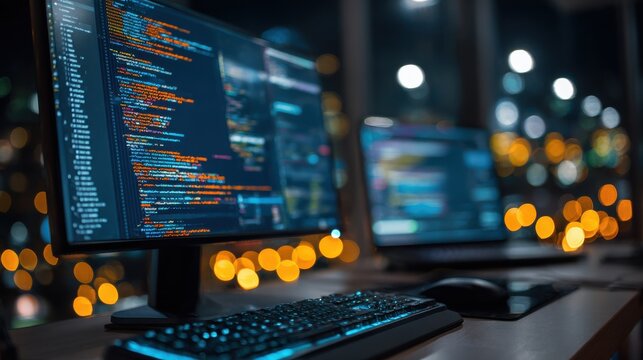 Computer monitor with programming code on screen in a dark room with bokeh background