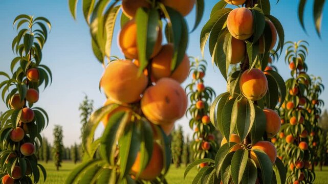 Ripe peaches hanging on tree branches in an orchard during golden hour with clear blue sky