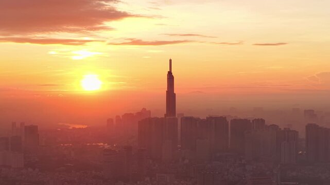 Aerial drone view of Landmark 81 at golden sunrise in Ho Chi Minh City Vietnam
