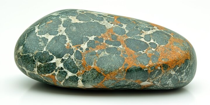 Close up of polished eclogite metamorphic rock with green and orange mineral patterns isolated on white background