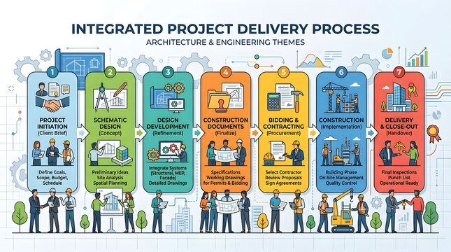 Colorful infographic showing integrated project delivery process for architecture and engineering