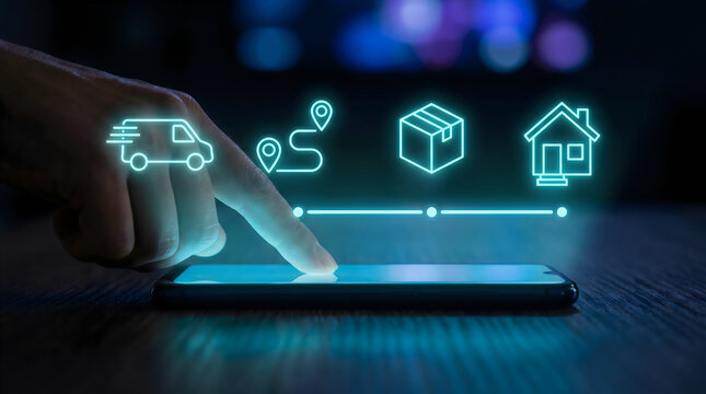 Logistics tracking technology on smartphone, digital delivery process icons, supply chain management app interface with glowing neon graphics