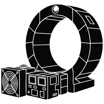 Industrial power electronic module components in black and white silhouette.