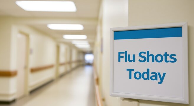 Flu Shots Today sign in a blurred clinic hallway