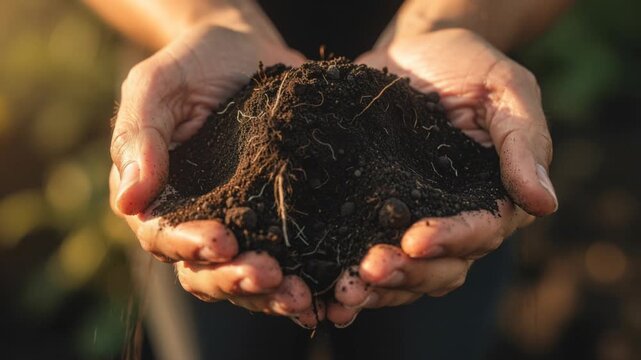 Close up of hands holding rich fertile soil with roots for gardening and sustainable farming concept