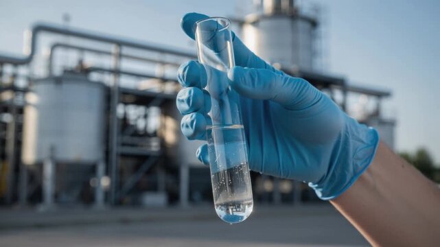 Scientist holding test tube with clear liquid in industrial chemical plant background