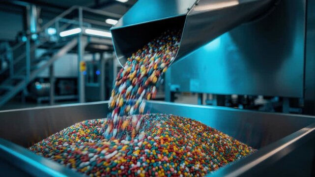Colorful candy manufacturing process with sweet coated chocolate pieces pouring in industrial factory
