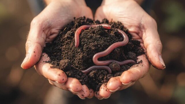 Closeup of hands holding rich soil with earthworms for organic gardening and healthy soil ecosystem