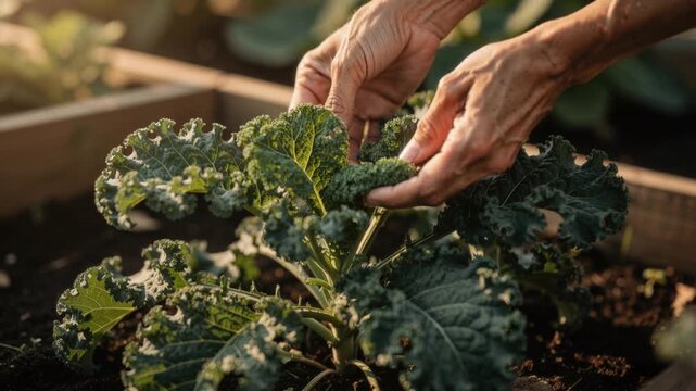 Hands harvesting fresh organic kale growing in a home garden at sunset for healthy eating