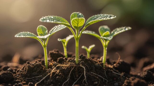 Close up of young green seedlings with morning dew growing in rich soil under natural sunlight