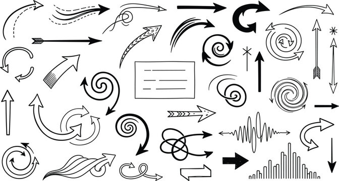 Hand-Drawn Arrow and Motion Graphic Set Featuring Curved, Spiral, Decorative, and Directional Elements