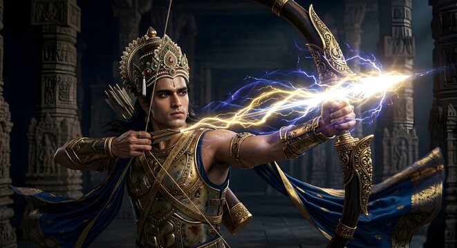 Lord Rama Releasing Lightning Arrow From Sacred Bow Cinematic Painting