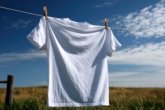 White T-shirt hanging on a clothesline outdoors with a blue sky and grassy field in the background