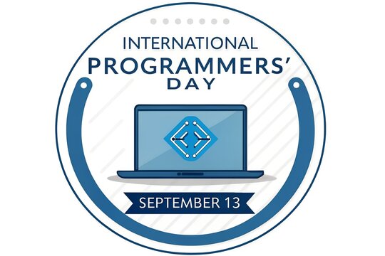 International programmers day celebration emblem featuring a blue laptop computer icon with a central coding bracket symbol inside a circular badge design for software developers and computer engineer