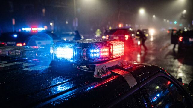 Cinematic close-up of flashing red and blue police lights on a rainy night at an emergency response scene.