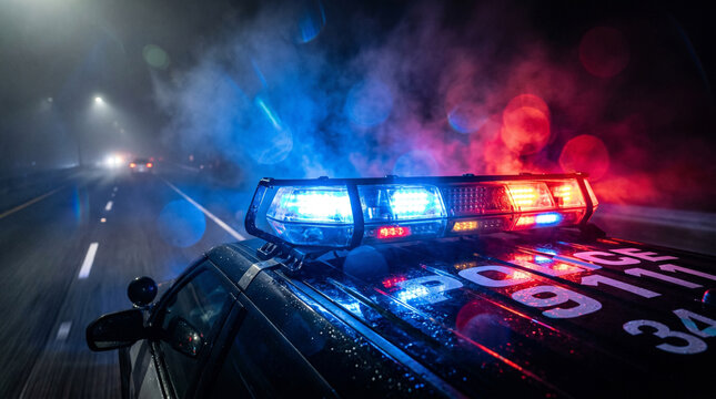 Dramatic shot of flashing blue and red emergency lights on a police car roof during a foggy night patrol on a wet highway.