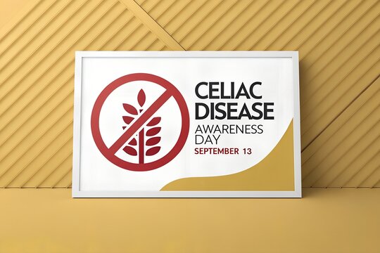 Celiac disease awareness day poster design featuring a red forbidden wheat stalk symbol in a white frame placed against a bright yellow diagonal striped wall for public health education campaigns.
