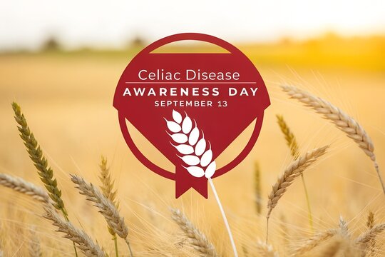 Celiac disease awareness day graphic featuring a white wheat stalk icon centered on a deep red circle badge placed over a blurred golden wheat field during a bright summer afternoon