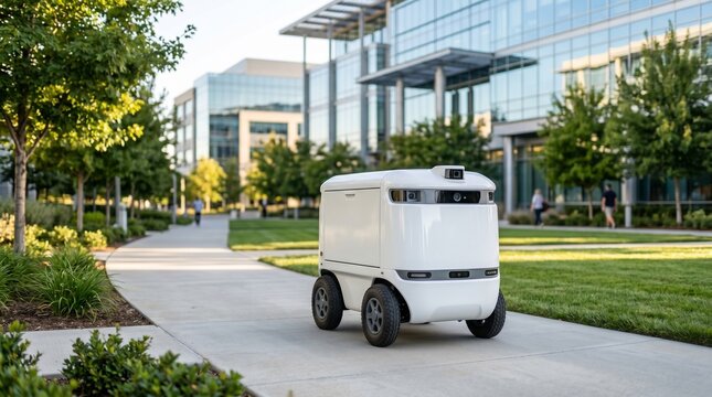 Autonomous robotic delivery cart on corporate campus pathway