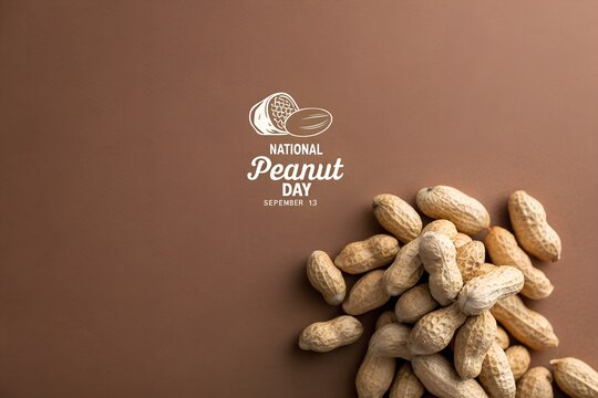 Scattered raw whole peanuts with textured shells arranged on a solid warm brown background for the national peanut day celebration featuring crisp minimalist white typography and a small graphic illus