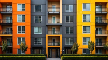 Obraz premium Modern apartment building exterior with colorful facade and balconies
