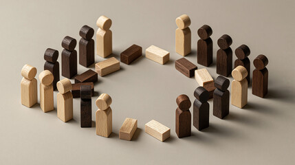 Obraz premium Circle of Inclusion: A diverse group of wooden figures, representing different ethnicities, stand together in a circular formation, symbolizing unity and community.