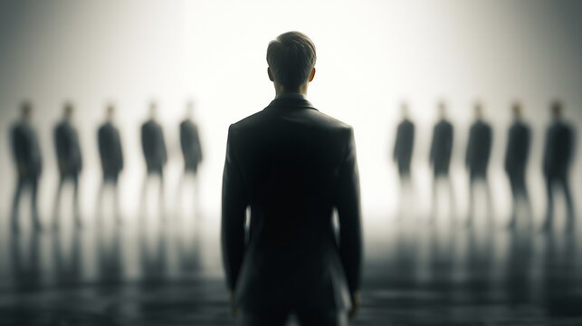 Professional businessman, boss, leader in a dark suit standing, facing a blurred line of identical silhouettes, colleagues, employees, personnel in a bright ethereal office space with soft lighting 
