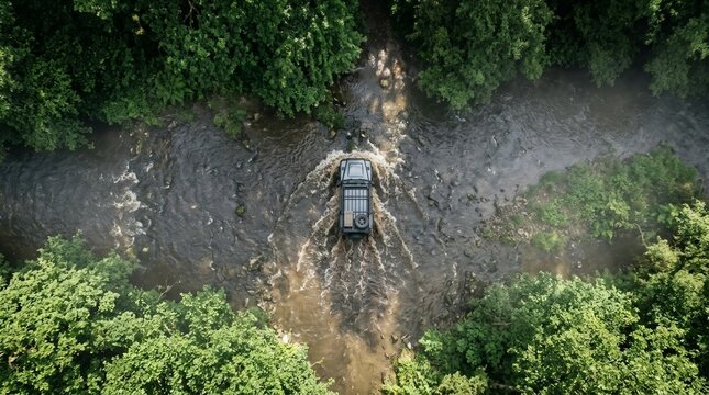 Topdown view of an offroad car crossing a river in a forest
