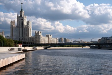 Obraz premium Stalinist skyscraper architecture overlooking the Moscow River