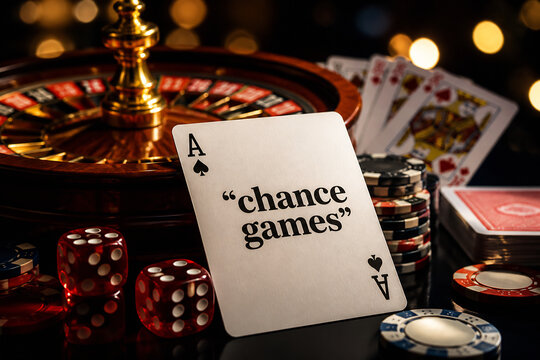 A close-up of a casino table with dice, cards, and a roulette wheel.