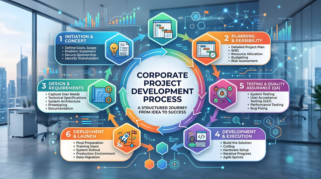 Corporate project development process infographic showing six stages of business workflow