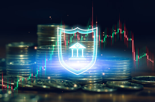 Banking security concept with shield icon, stacked coins and financial chart. Represents asset protection, secure investments, risk management, financial safety and digital banking services.
