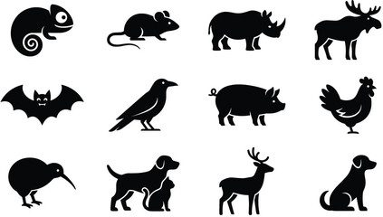 Obraz premium Wild and Domestic Animal Silhouette Icon Set with Chameleon, Rhino, Bat, Crow, Dog, Cat, and Forest Wildlife Vector Symbols