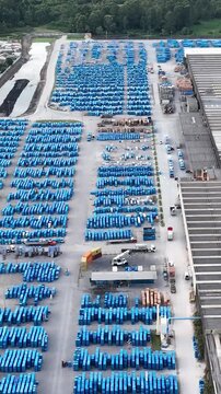 Industrial Data center in Santa Catarina, Brazil. Aerial view in vertical video. Production of porcelain tiles and large format porcelain slabs.