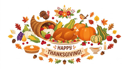 Naklejka premium Happy Thanksgiving Day Vector Illustration with Roasted Turkey, Pumpkins, Cornucopia, and Autumn Elements Isolated on White Background