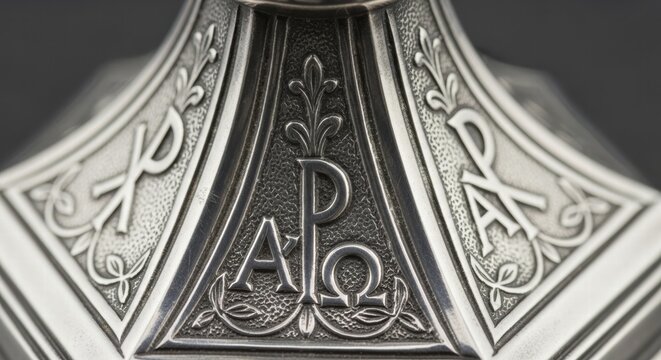 A silver chalice adorned with religious symbols and intricate engravings, highlighting alpha and omega, AI generated