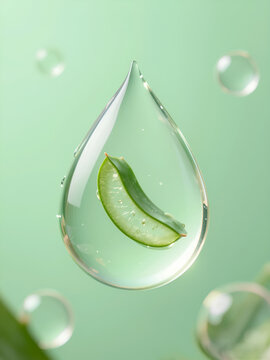 Tiny Aloe Vera Gel Segment Inside Transparent Water Droplet, Soft Mint Green Background with Floating Bubbles and Sparkles, Two Blurred Foreground Bubbles, Hyper-Realistic Skincare Minimalist Scene fo