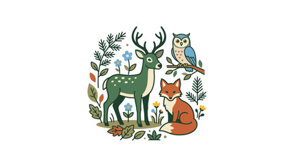 Obraz premium Forest Animals Woodland Illustration with Deer Fox and Owl