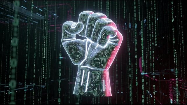 Neon Fist Glowing in Digital Space.