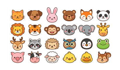 Fototapeta premium Cute Animal Face Doodle Vector Collection with Adorable Cartoon Heads Flat Illustration Set