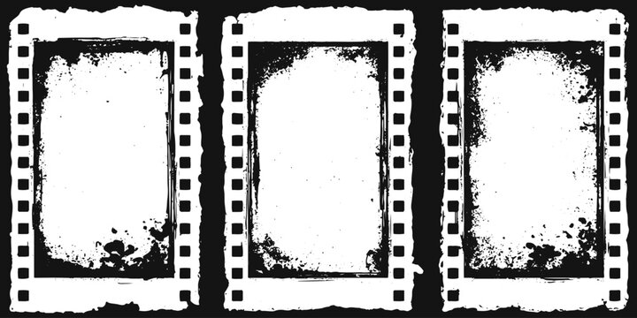 Vintage Grunge Film Frame Strips with Worn Celluloid Texture, Film Reel Borders, Distorted Edges and Cinematic Distressed Effects.