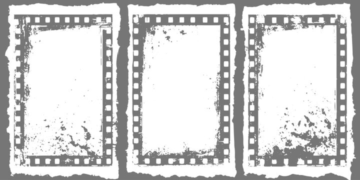Vintage Grunge Film Frame Strips with Worn Celluloid Texture, Film Reel Borders, Distorted Edges and Cinematic Distressed Effects.