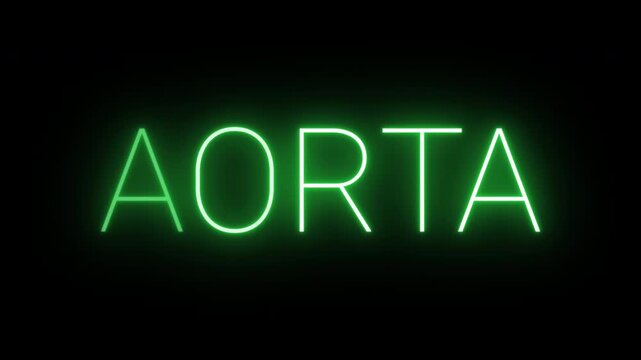 Flickering neon green glowing aorta sign animated black background.