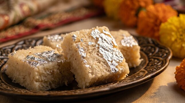 Coconut Barfi Sweet with Silver Leaf Traditional Indian Dessert
