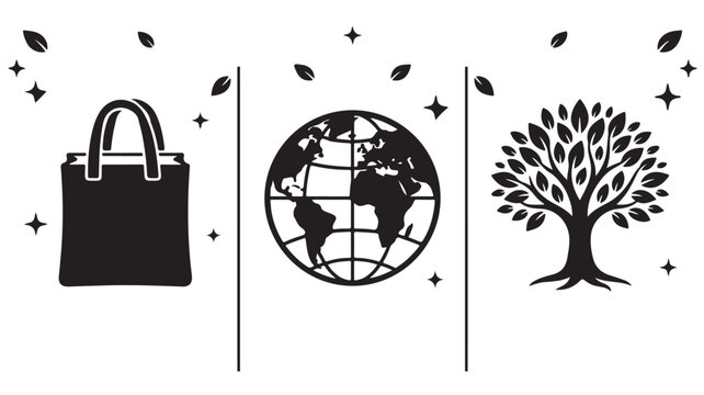 Eco Friendly Shopping Bag and Globe Tree Icons for Sustainable Living and Environmental Branding