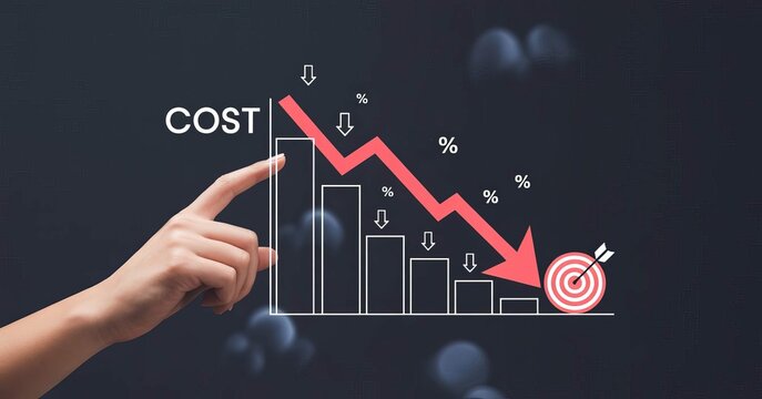 Hand pointing at declining cost graph with target cost reduction
