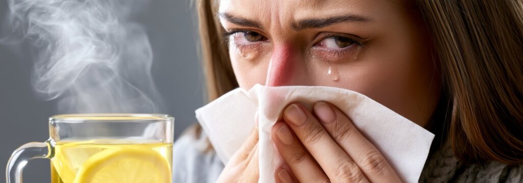 Young woman with cold wiping her nose with tissue and crying sitting by a cup of hot tea with lemon